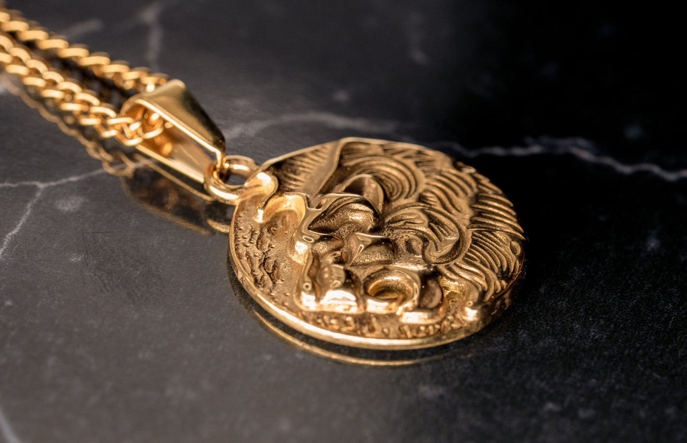 Lion Head Pendant - Gold - 18 inch